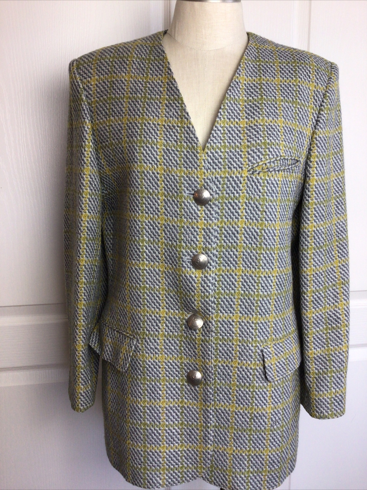 Vintage Harve Benard Green & Plaid Four Button Jacket 100% Wool 8