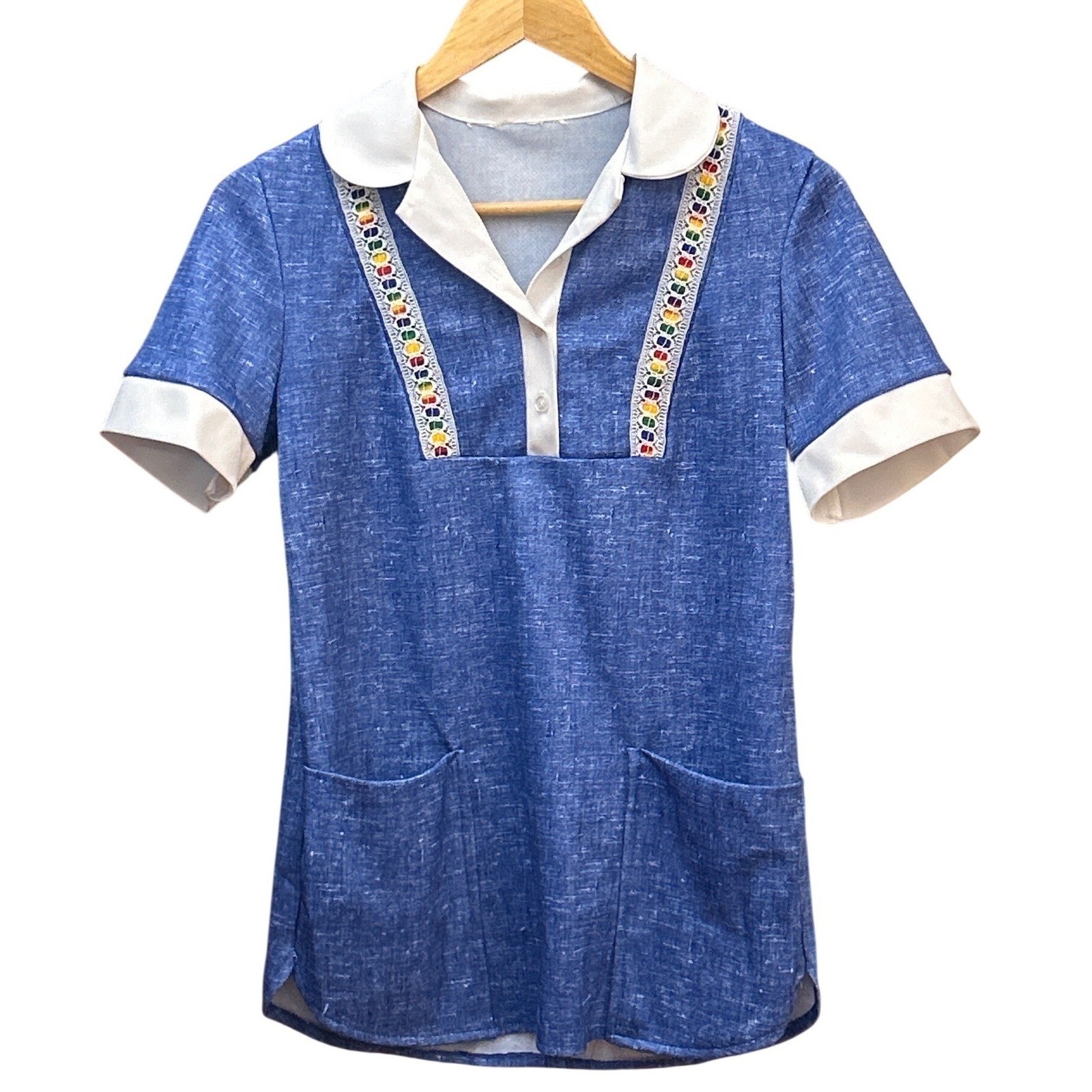 Vintage 70s Tunic Top Retro Mod Rainbow Trim Short Sleeve Shirt Pride Festival