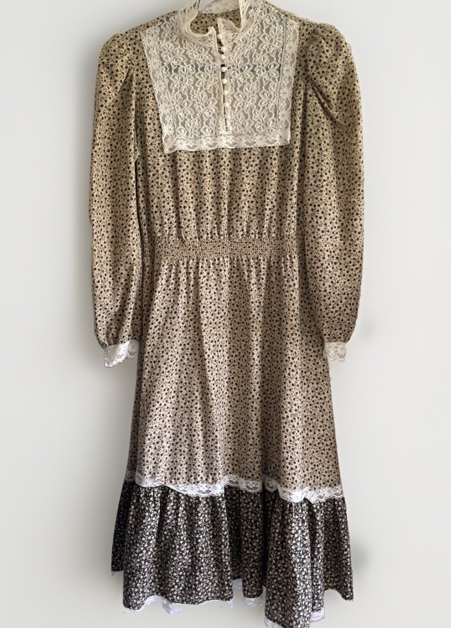 Vtg Jerri Gee Dress Brown Floral W/Lace Peasant Prairie W/ Bonnet Cottagecore