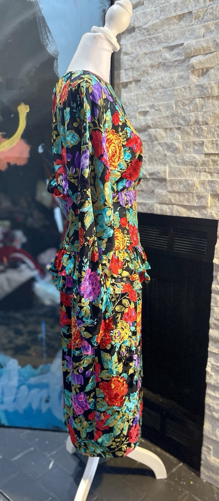 VTG Maggy London Tropical Floral Silk 80s Peplum Dress Size 8