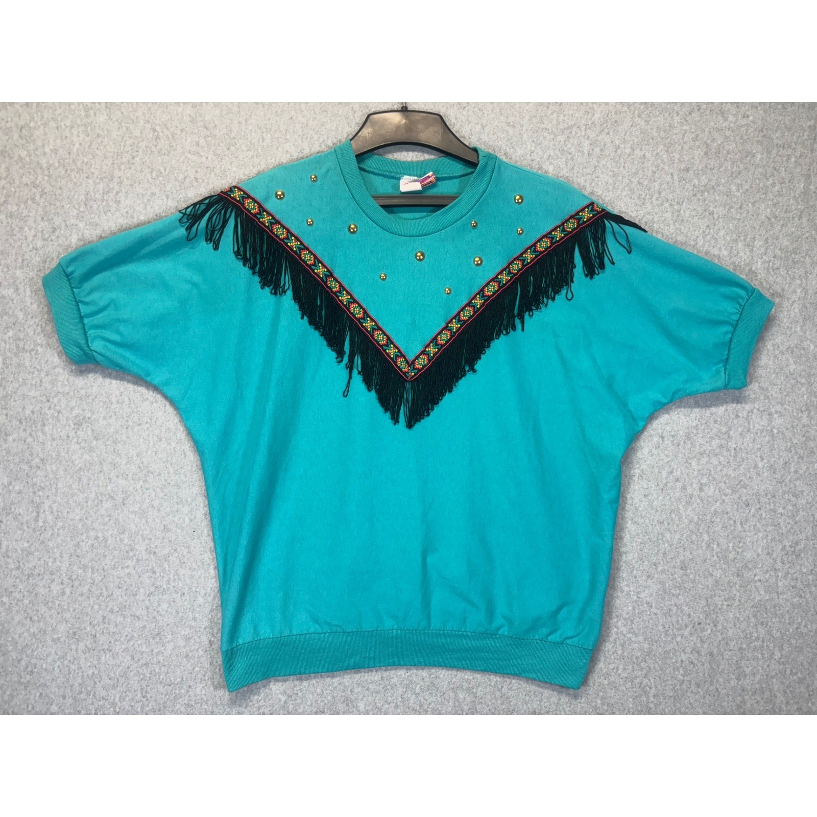 Vintage Southwest Fashions Turquoise Fringe Studded Western Top 80s 90s Made USA