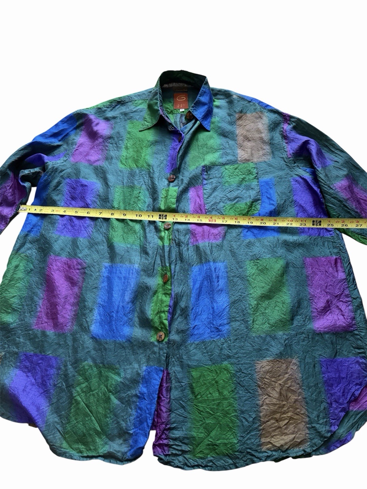 Vintage 90s Romeo Gigli 100% Silk Shirt Green Purple Button-Up Blouse Italy Sz S