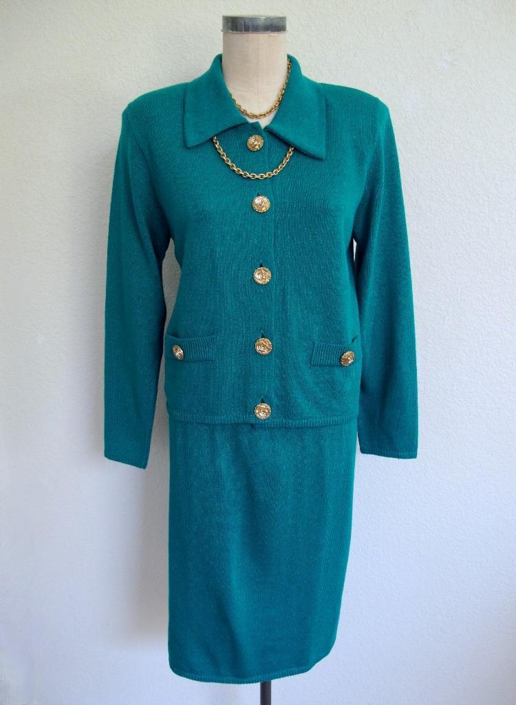 Vintage Laura by Alyzia Santana Knit 2 pc Skirt Suit 8 Petite Green Rose Buttons