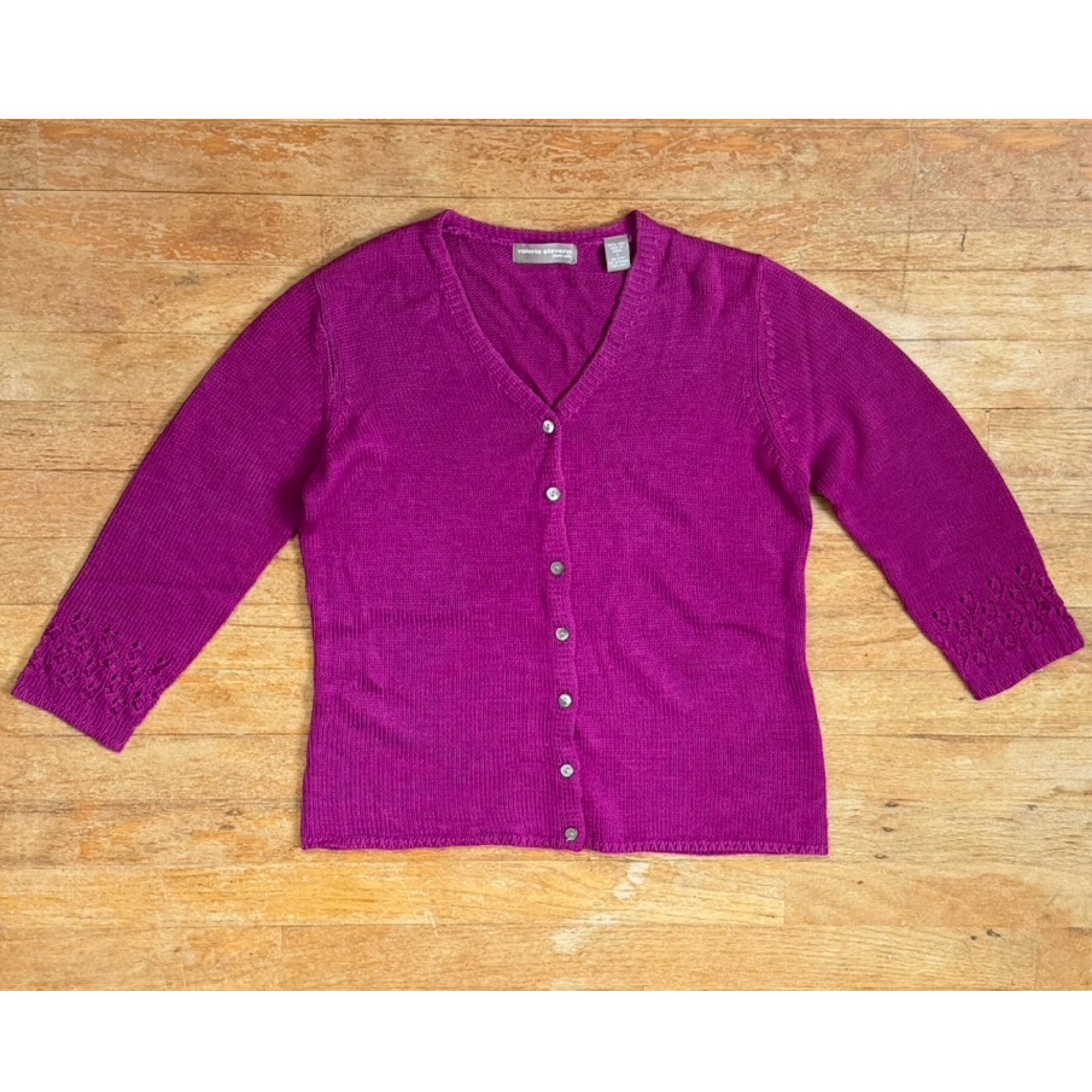 Vintage Knit Silk Cardigan Sweater Size Small 90s Magenta Purple 3/4 Sleeve