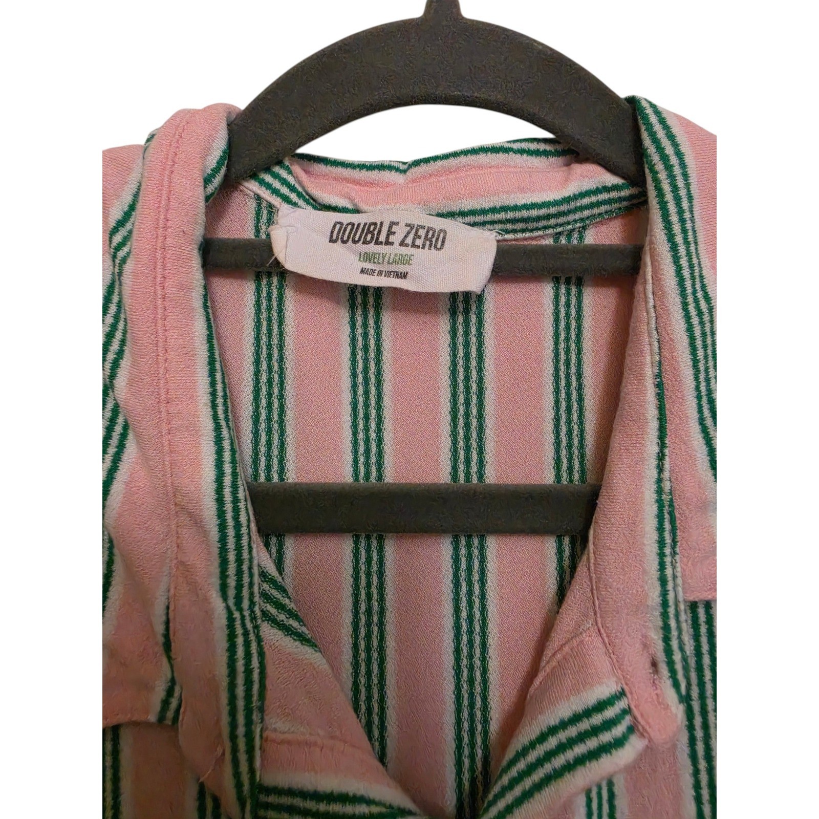 Y2K 90’s Baby T Large Rayon Camp Shirt Pink Green Stripe Button Front Pocket Top