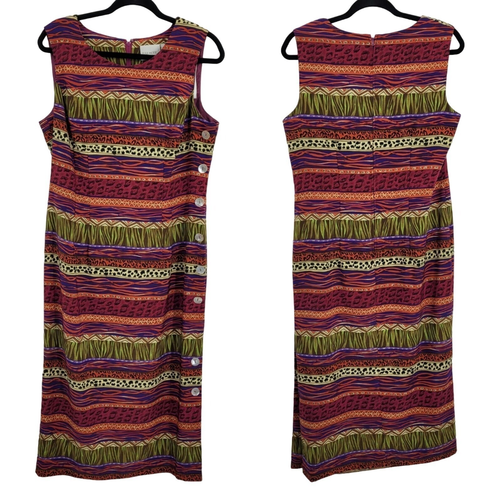 Vintage 80’s Maxi Dress Petite PM Sleeveless Scoop Side Slit Multicolor Tribal