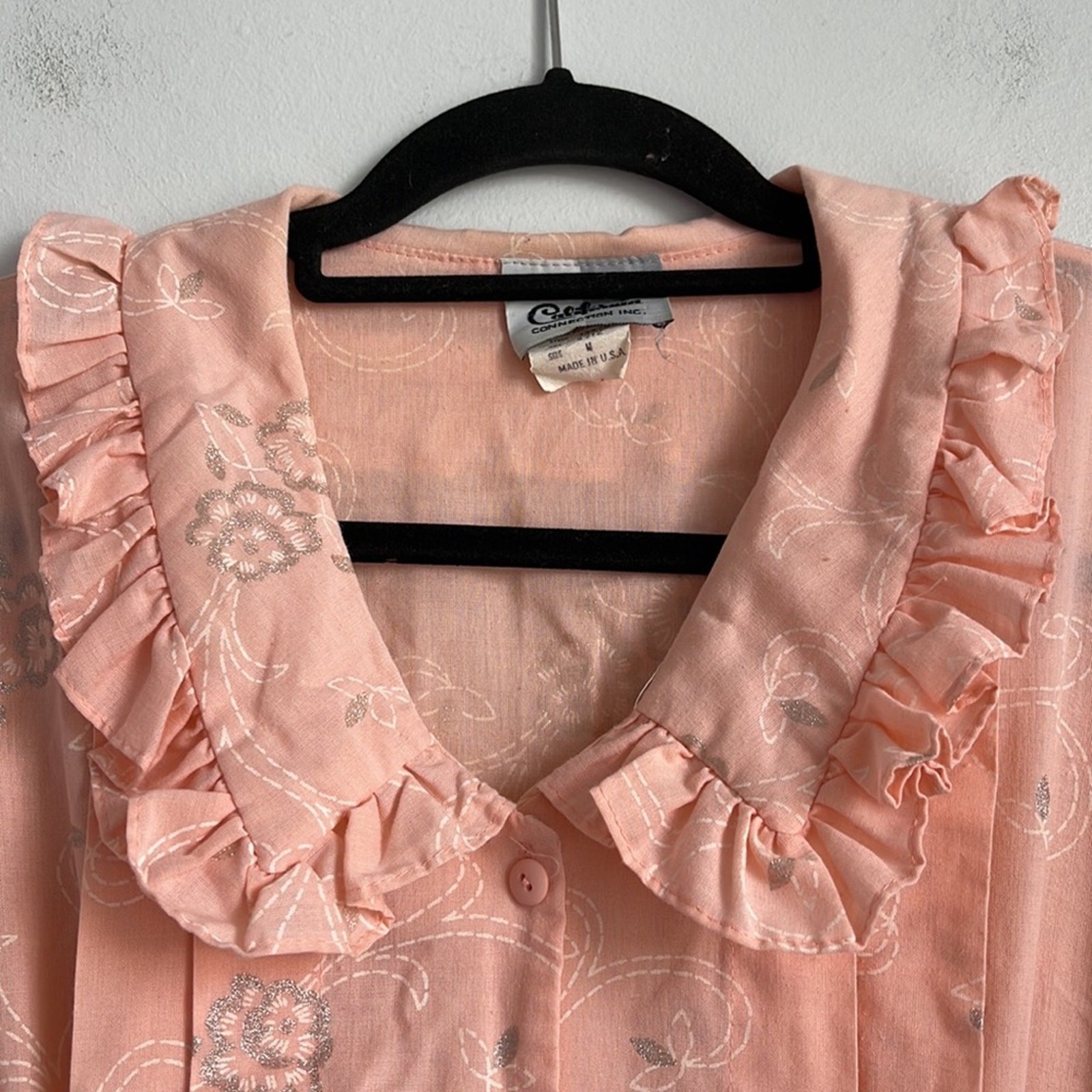 Vintage California Connection metallic flower print puff sleeve ruffle hem dress