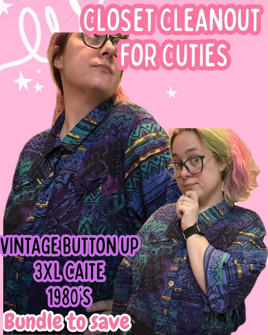 Caite Woman Vintage 1980s Plus 3X abstract Button Up Shirt Top