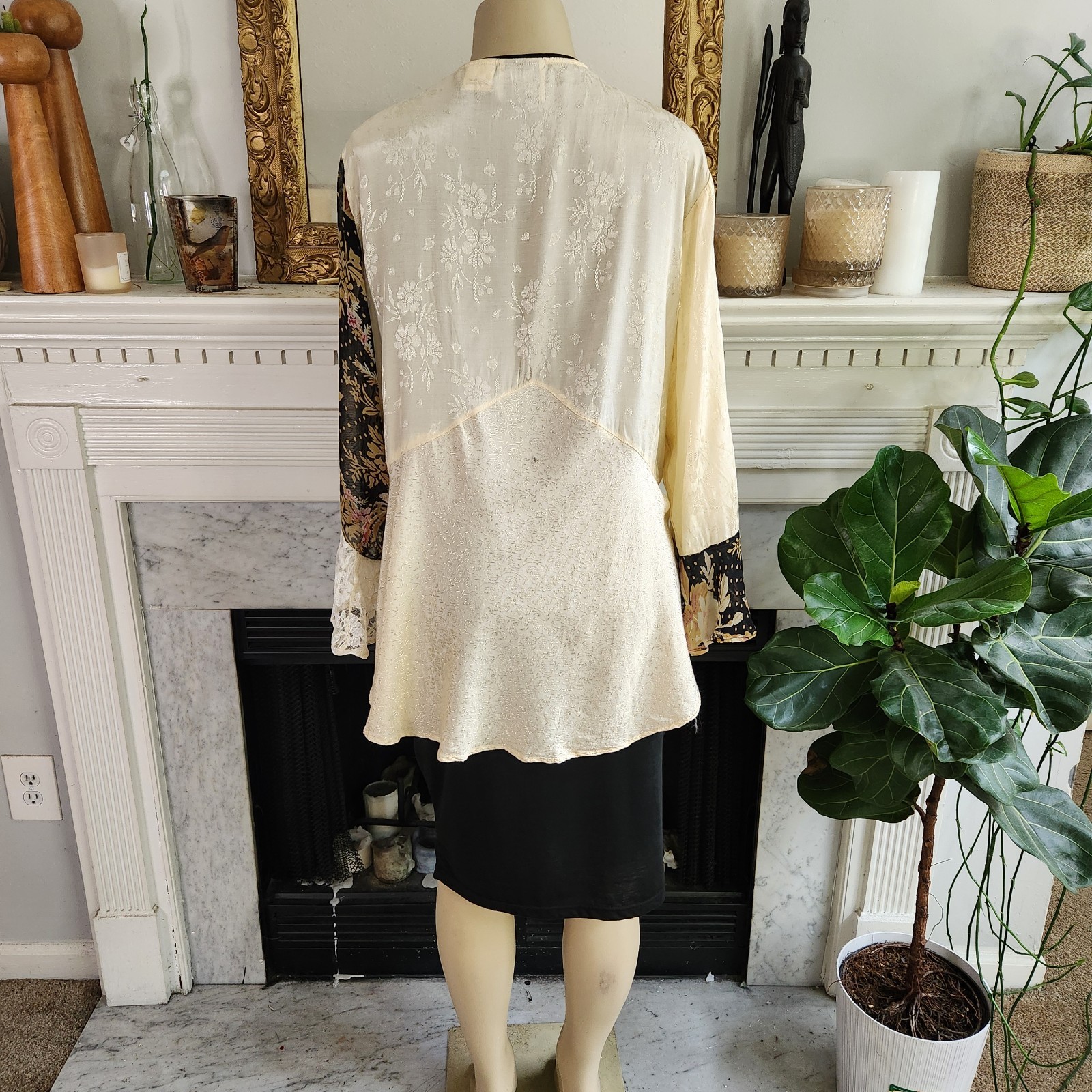 Vtg 80s Beige Patchwork Cardigan Sz 1X Jacket Jacquard Floral Boho Hippy Lace