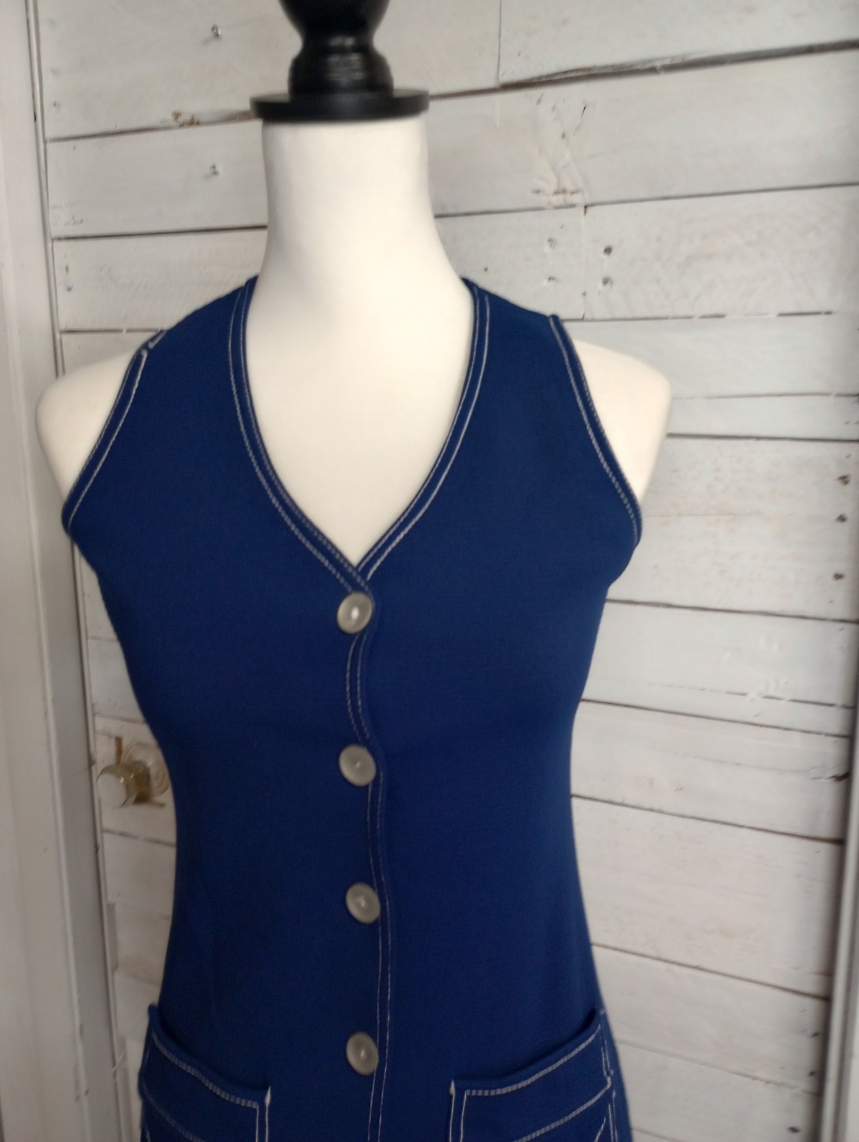 Vintage 70s Women’s Blue Vest Top Size Small Pockets Button Up Disco Boho
