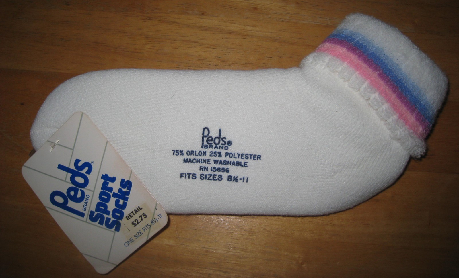 VTG PEDS 80s Blue/Pink Stripe Low Cut White Sport Sock 8.5-11 NWT Made in USA