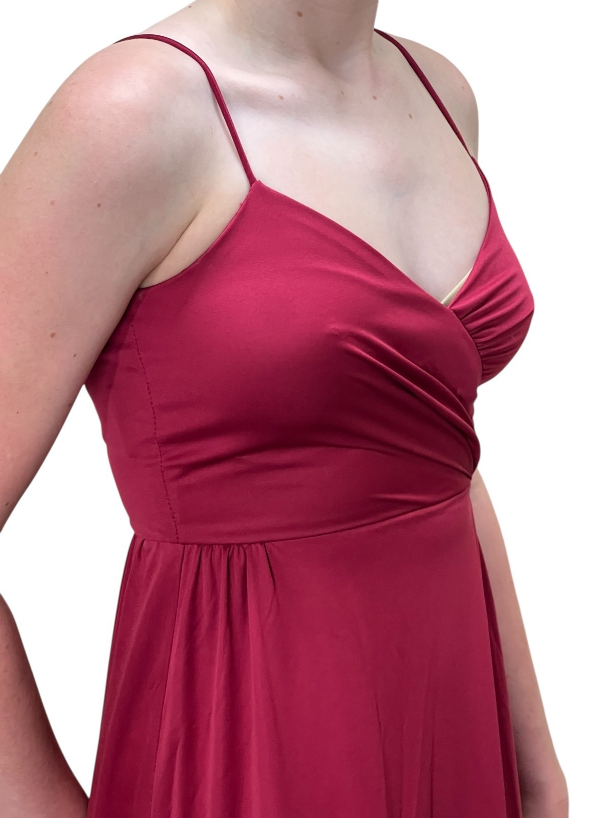 Vtg 70s Sz XS~S Maxi Dress Wine Poly Knit Wrap Bodice Spaghetti Straps