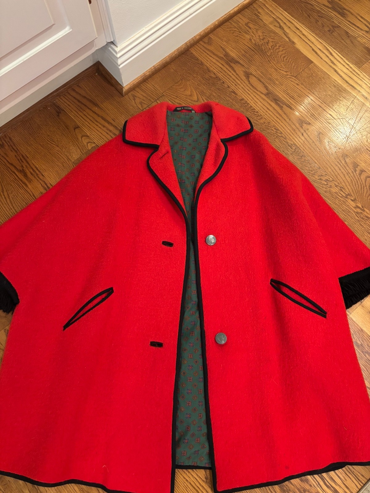 Vtg Tiroler Loden Austrian Wool Cape Coat Red /Green Floral Lining S/M