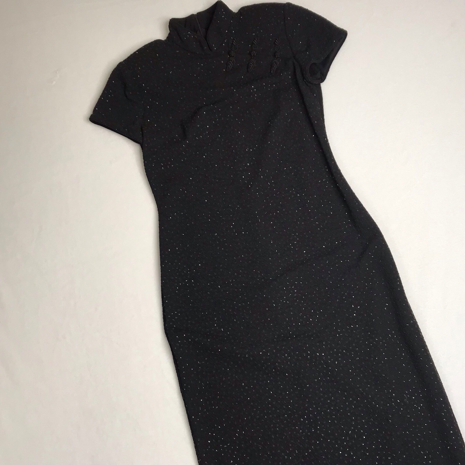 VTG David Warren Womens 10 Black Maxi Sheath Dress Asian Qipao Inspired Sparkle