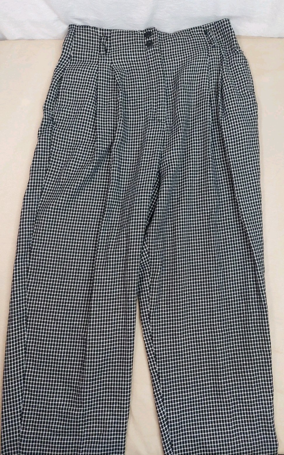 Vintage Houndstooth Pleated Pant Women High Waisted Trouser Black White 90s M/L