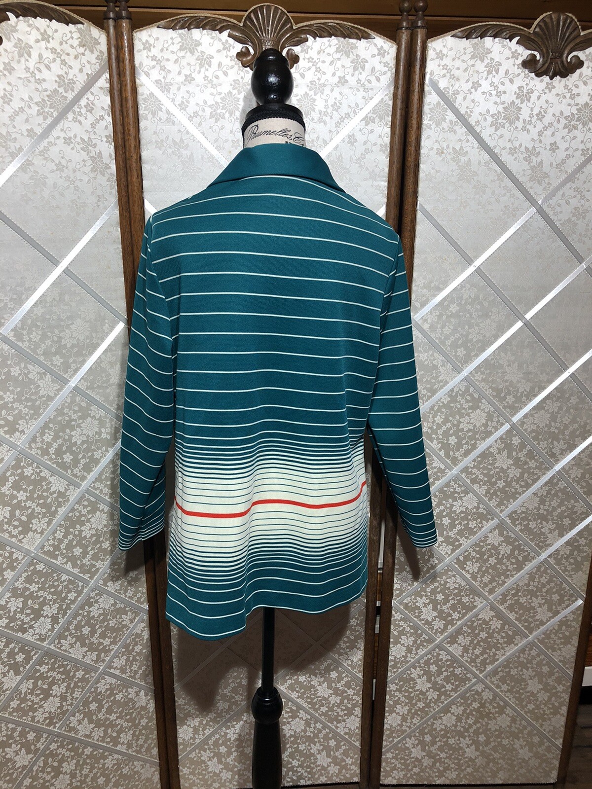Vintage 70s Open Front Polyester Jacket Teal Multi Color Stripe Size 18
