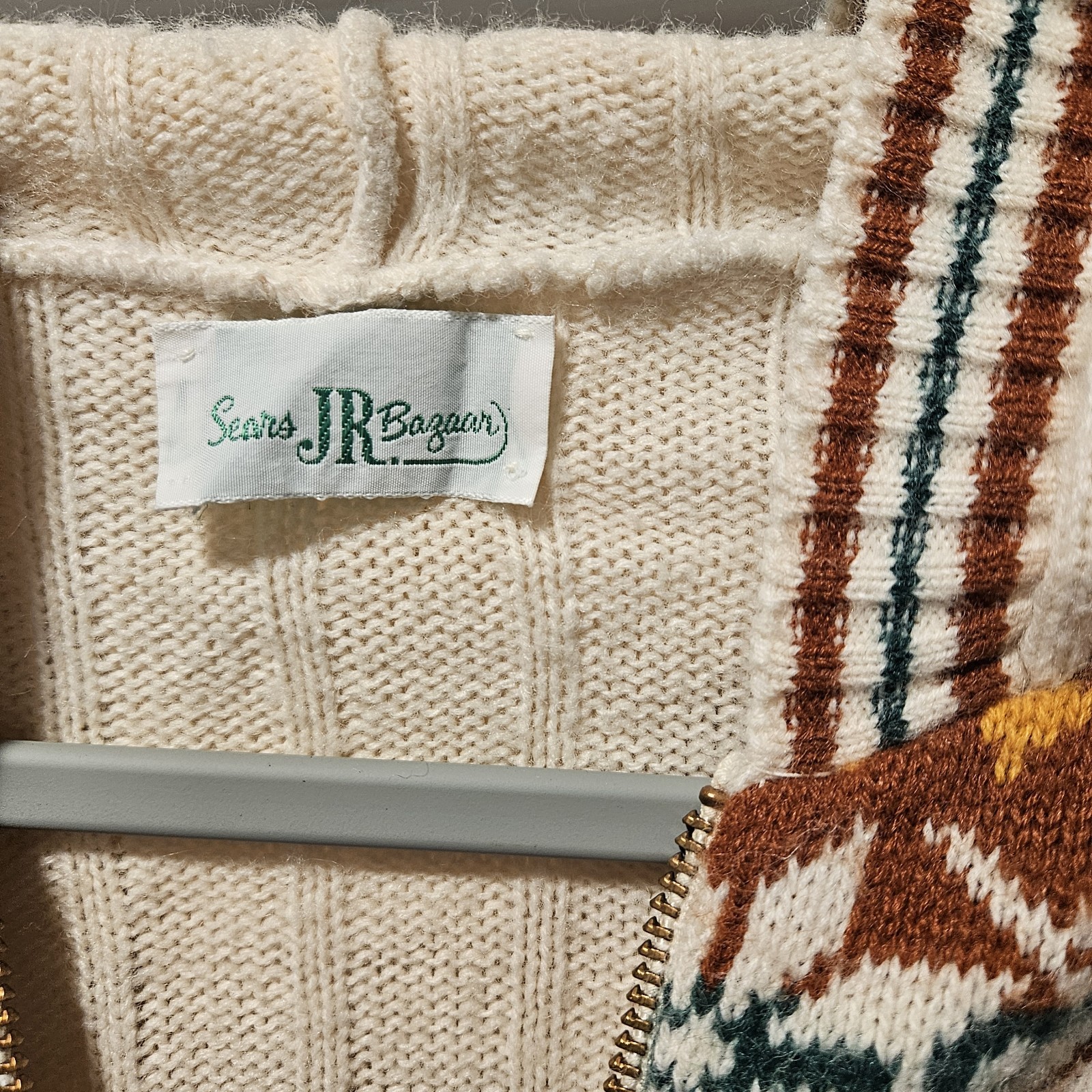 Vintage 1970s Sears Jr Bazaar Fair Isle Zip Hoodie Sweater Cream Brown Cable…