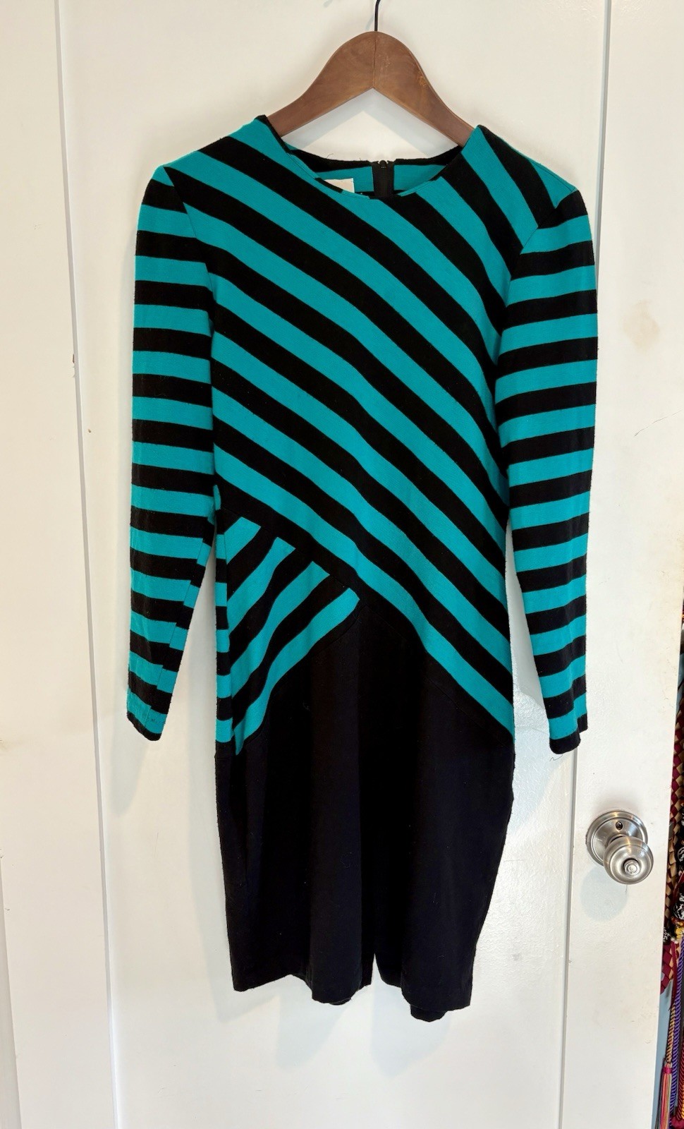 Byer Too Knit Dress Vintage 80s Black Turquoise Diagonal Stripe Sz 9 10