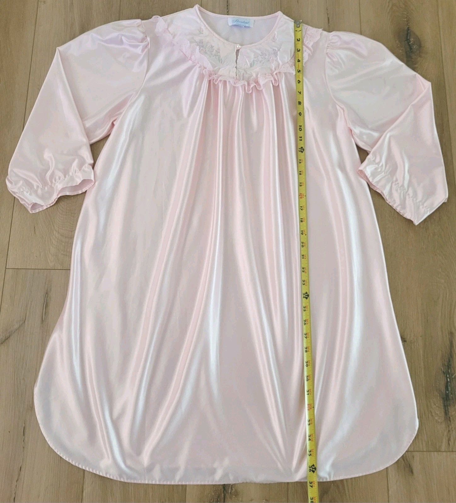 Vtg Stardust USA Pink Satin Brushed Lining Ruffled Lace LS Nightgown LG ●READ