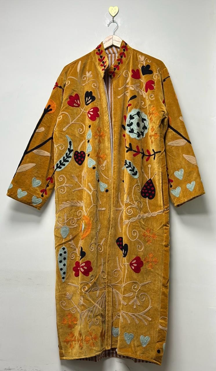 Mustard Velvet Suzani Coat Embroidered Floral Boho Long Gown & Boho Jackets US