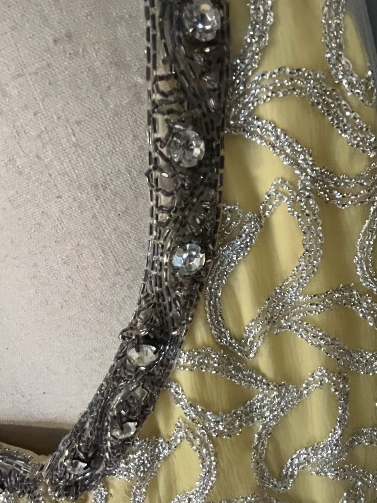 Erlebacher Beaded Long Gown Dress Sleeveless Yellow & Silver Shimmery VTG Large?