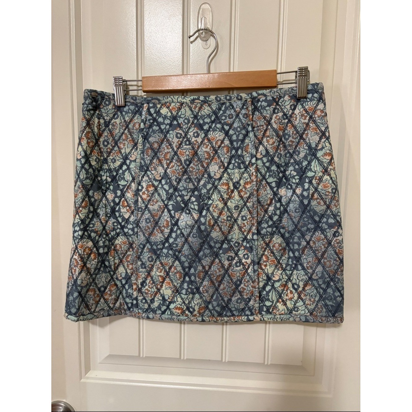 NWT Free People Quilted Floral Mini Skirt in Blue and Cream