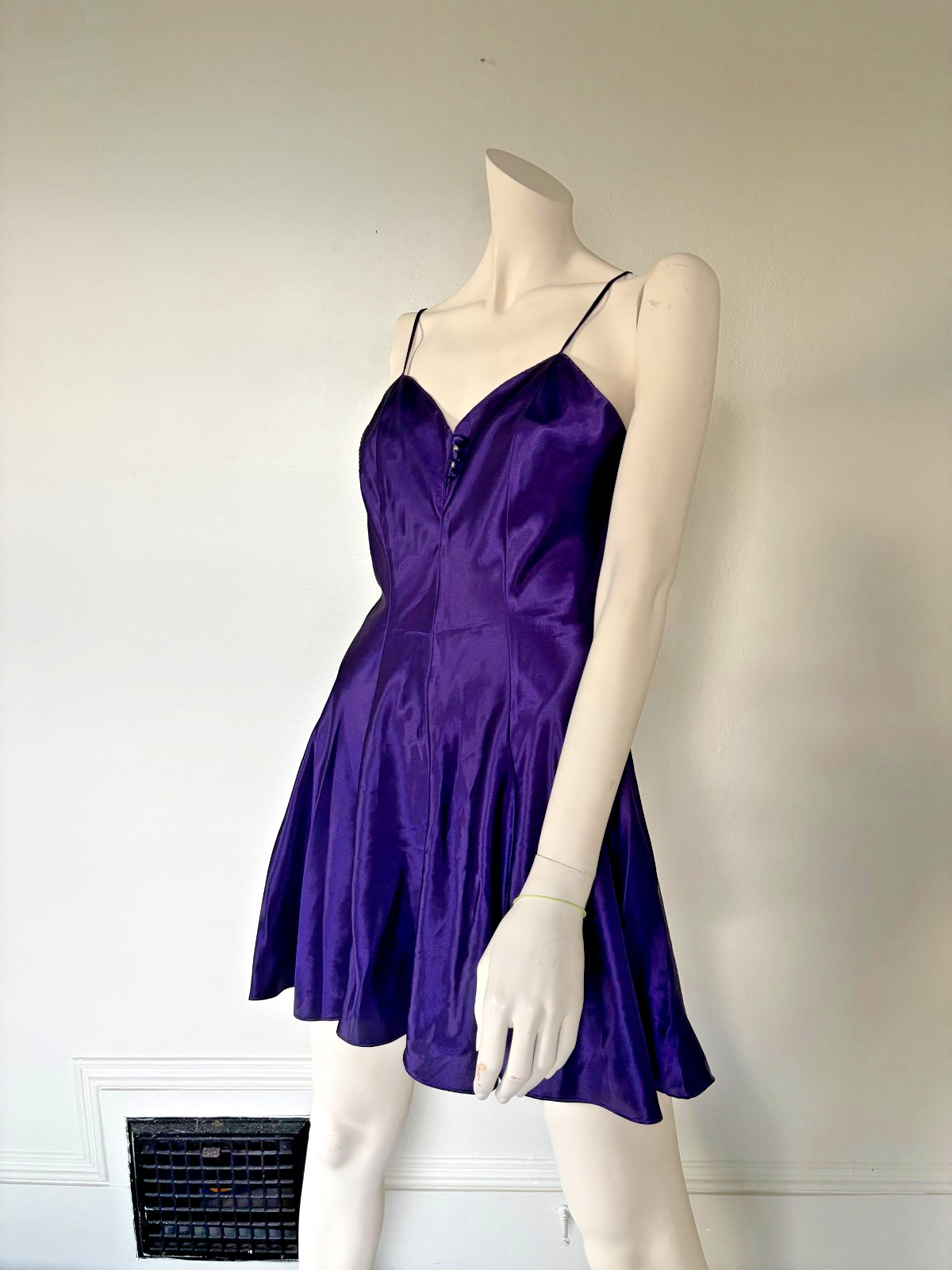 Shiny Romance Du Jour Purple Satin Vintage Slip Dress Flounce Skirt Size M USA
