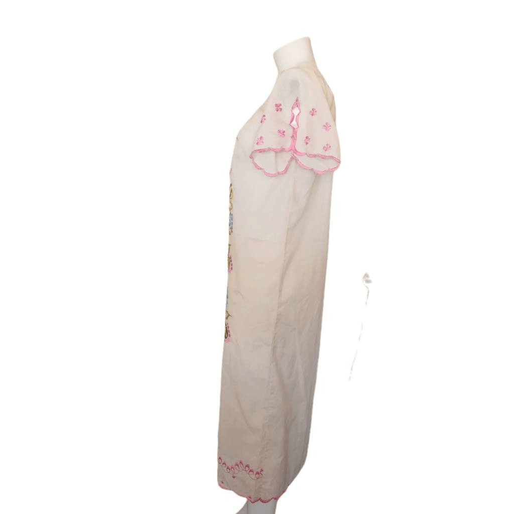 Mexican floral embroidered cream pastel maxi dress vintage Romantic Mexico ethni