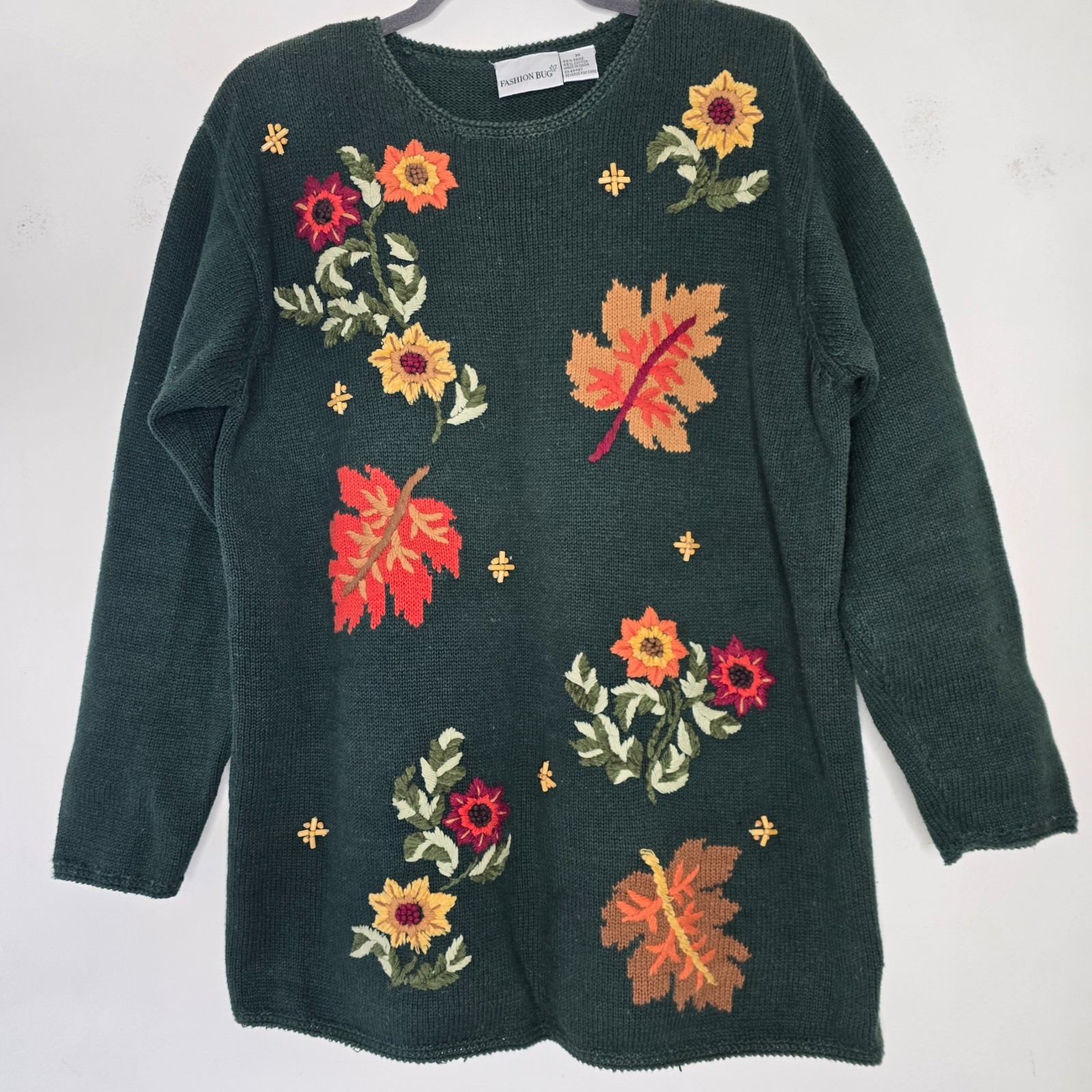 Fashion Bug 55% Ramie M Chunky Sweater Embroidery Beads Forest Fairy Earthy Boho