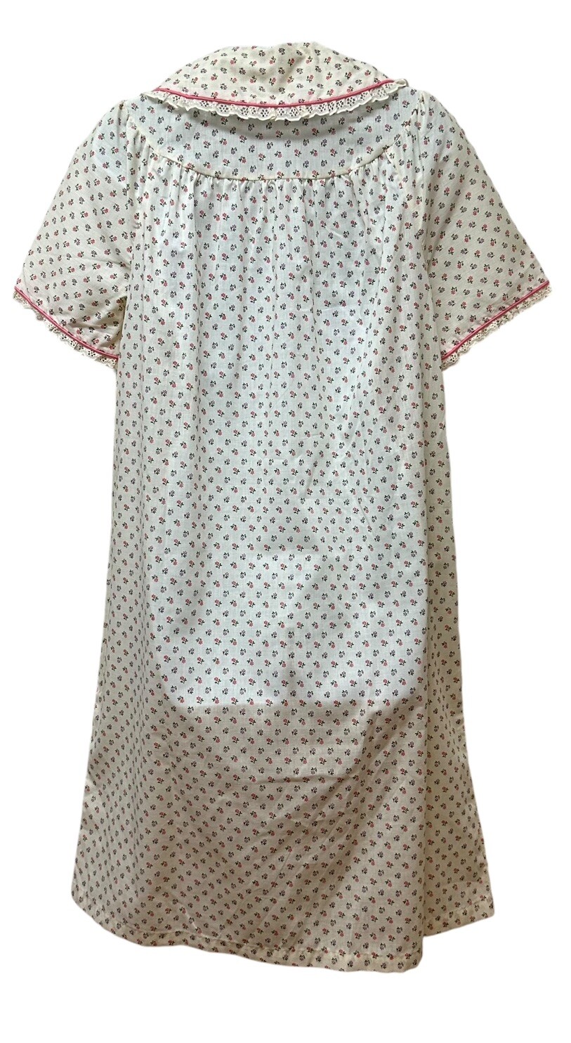 Vintage Dainty Floral Cotton Lace House Dress Nightgown Snap Button Front M