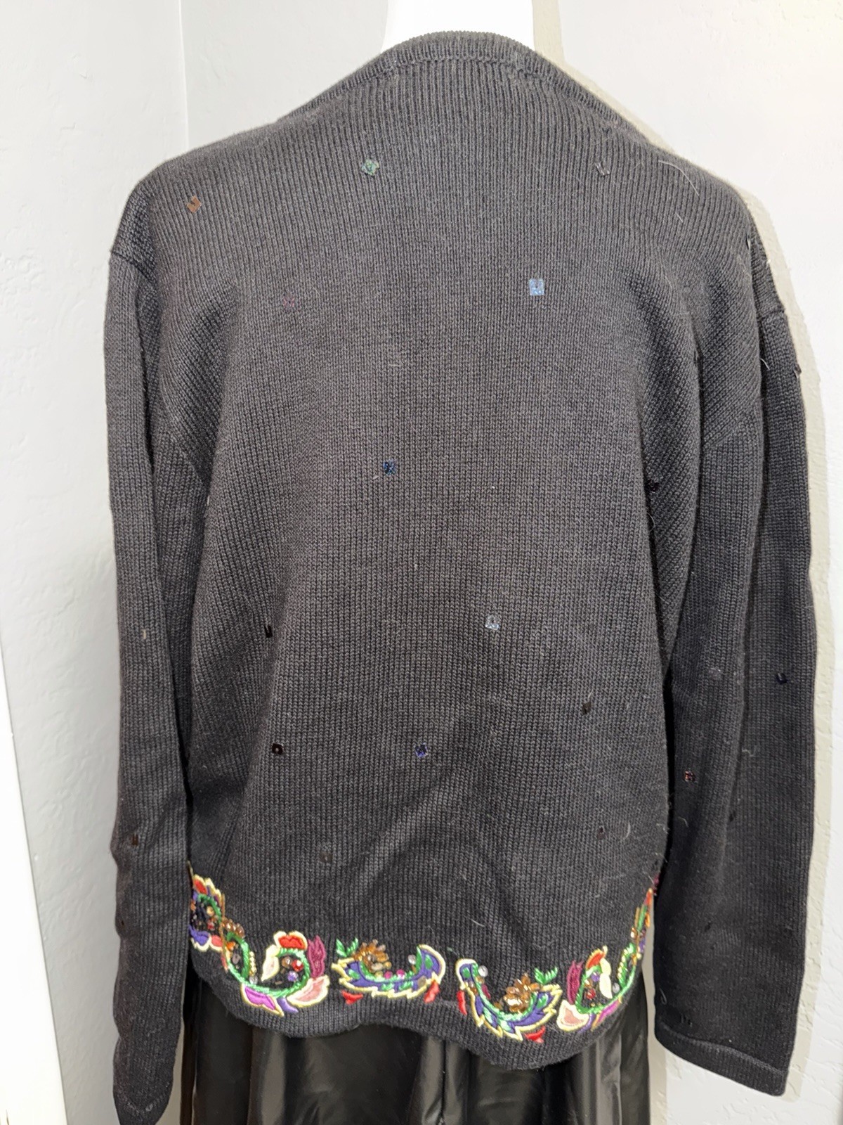 Jack B Quick Button Cardigan Sweater Size Large Sequins Beads Rhinestones Black