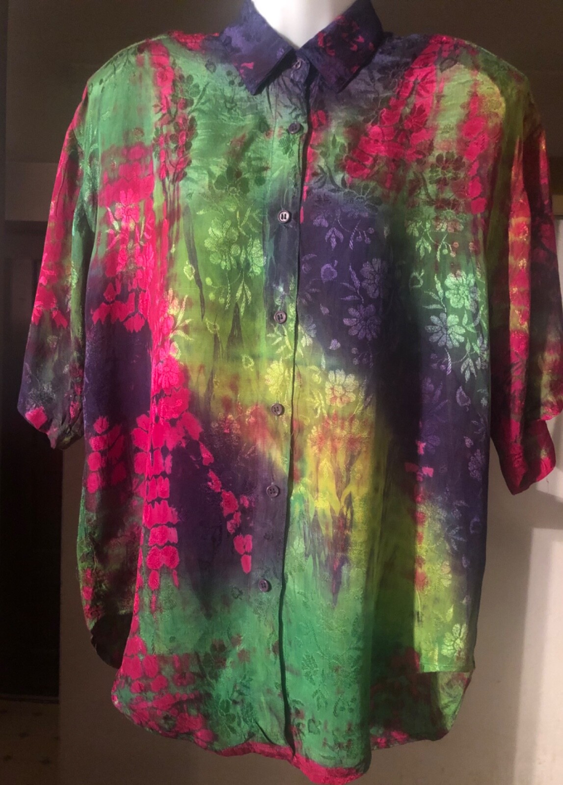 Vintage 1990s womens silky front button tie dye shirt Size M Red purple green