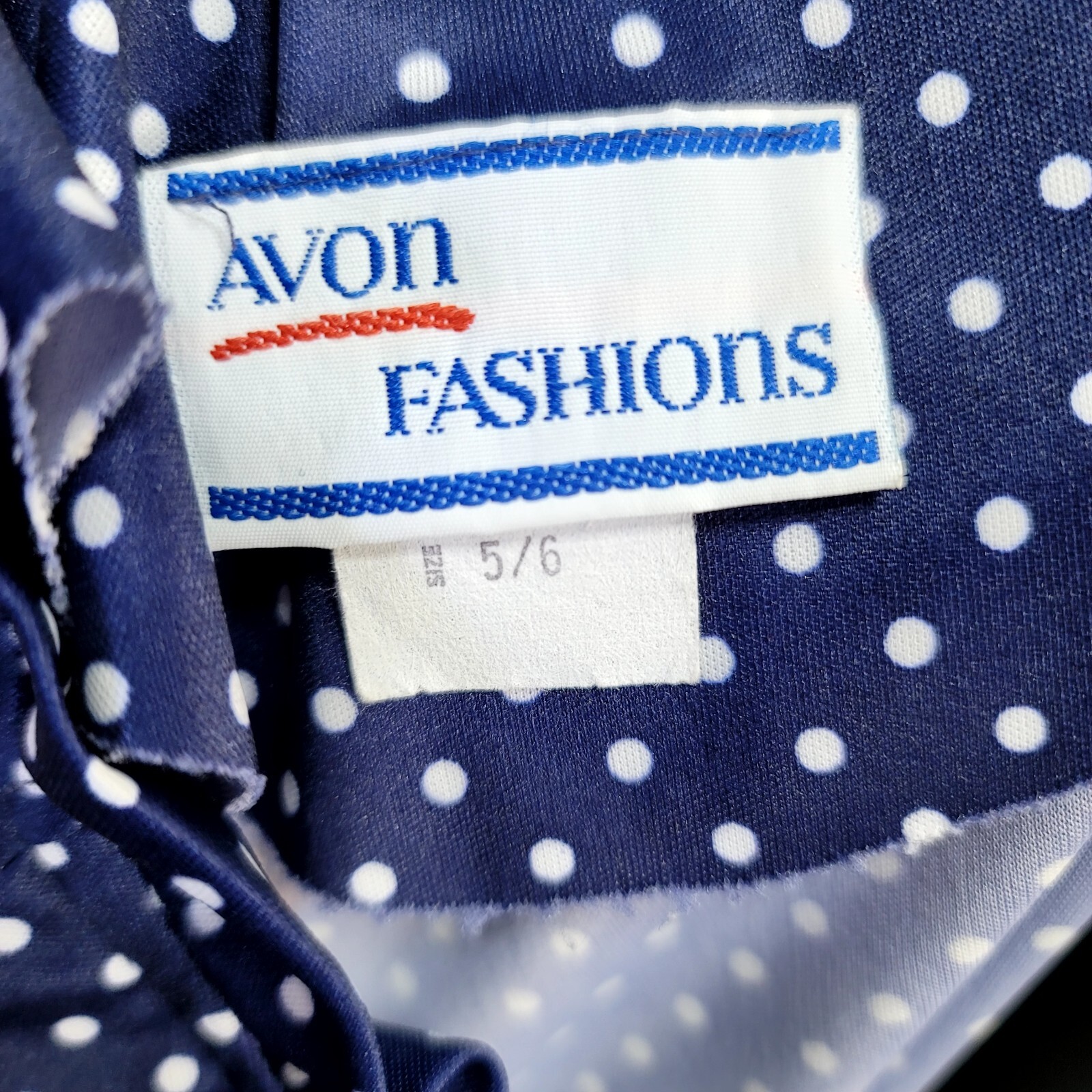 Vintage 70s Avon Fashion S Navy White Polka Dot Ruffle Sleeveless Sheath Dress