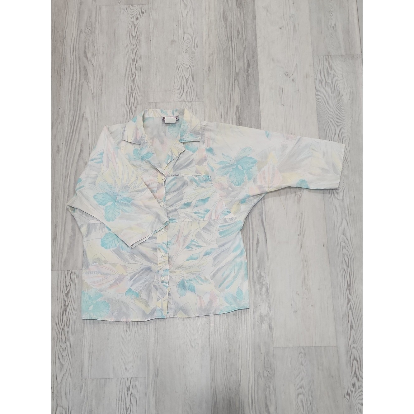 Vintage Pastel Floral Button-Up Shirt – Light Blue & Cream Made In USA 14