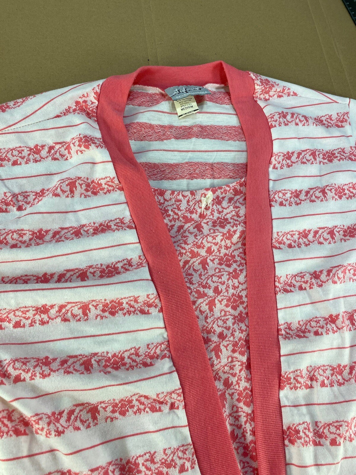 Vintage 70s 80s 90s Womens Surf Stripe Floral Mini Bow Pink Shirt Top Sweater M