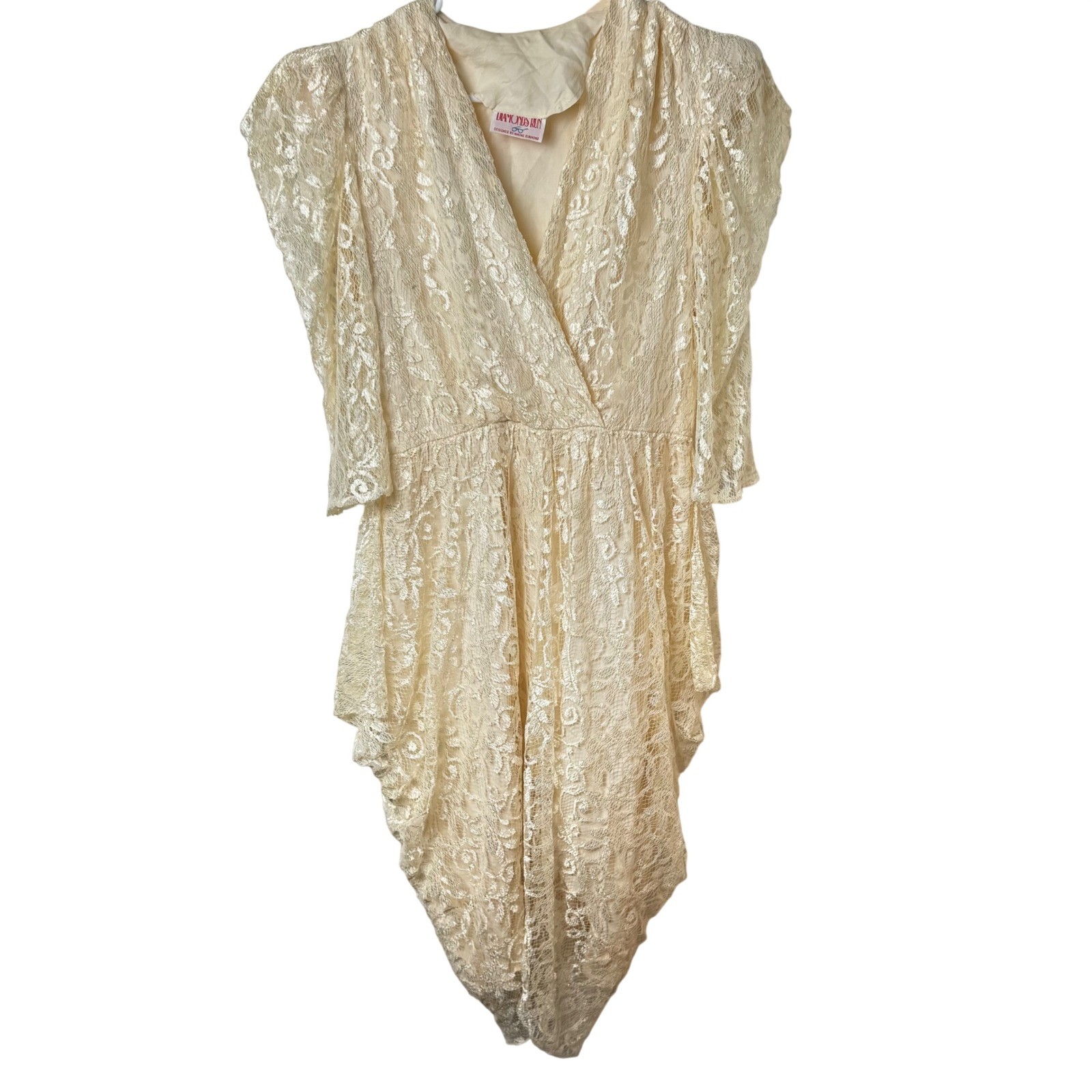Diamonds Run Dress Women S Cream Lace Draped V-Neck Vintage 80s