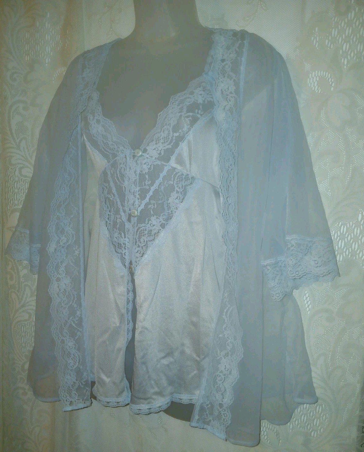 Vintage 70s Blue Sheer Chiffon Nylon Lace Nighty Peignoir Robe Lingerie Set XS