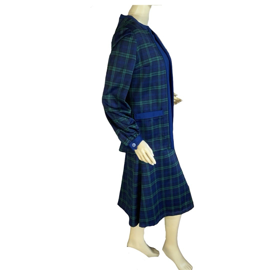 VINTAGE CIRCA 1960’S VOGUE COUTURIER BLUE PLAID DRESS & JACKET SET APPX MED