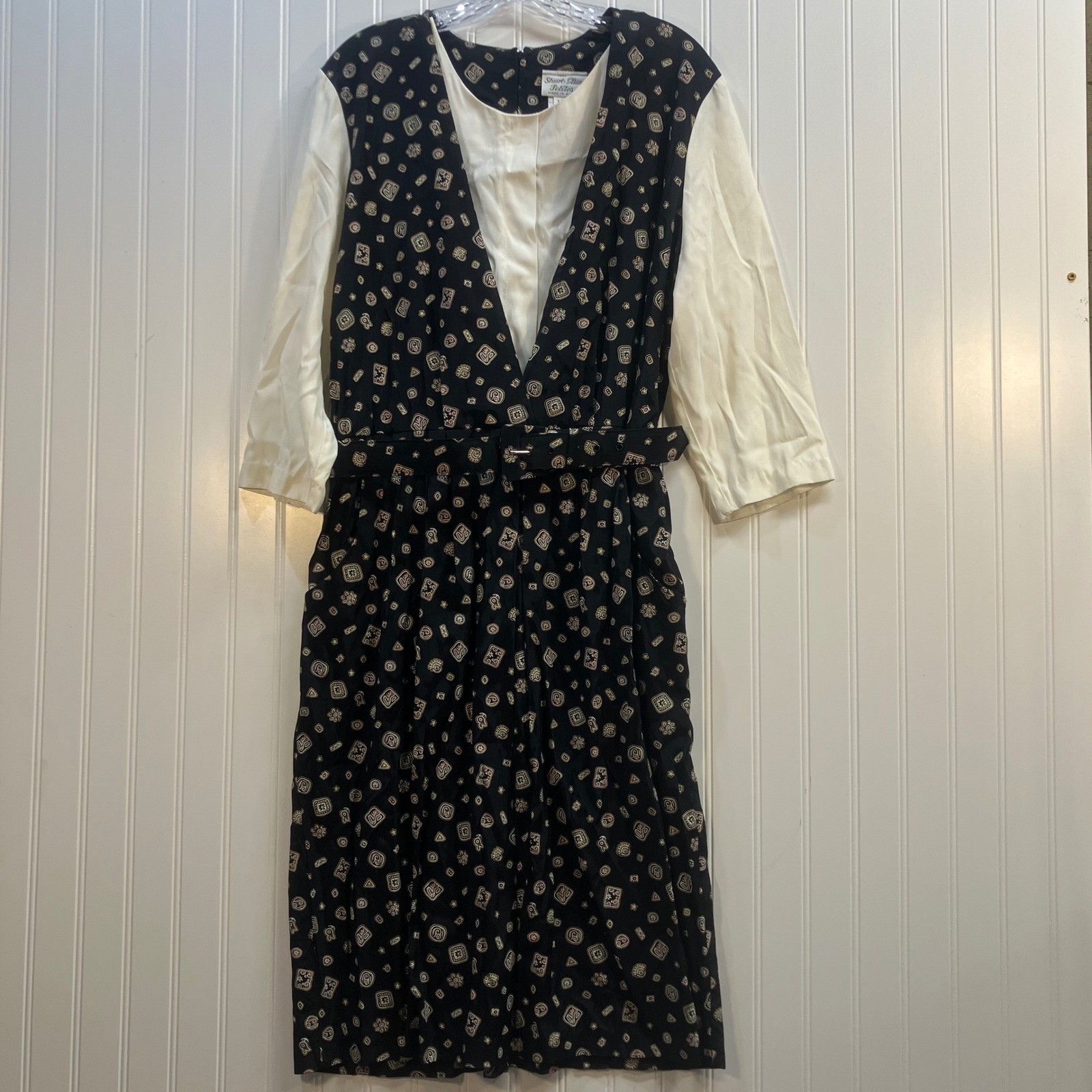Stuart Alan Petites Vintage 90s Layered Look Midi Dress Black Geometric 16P USA