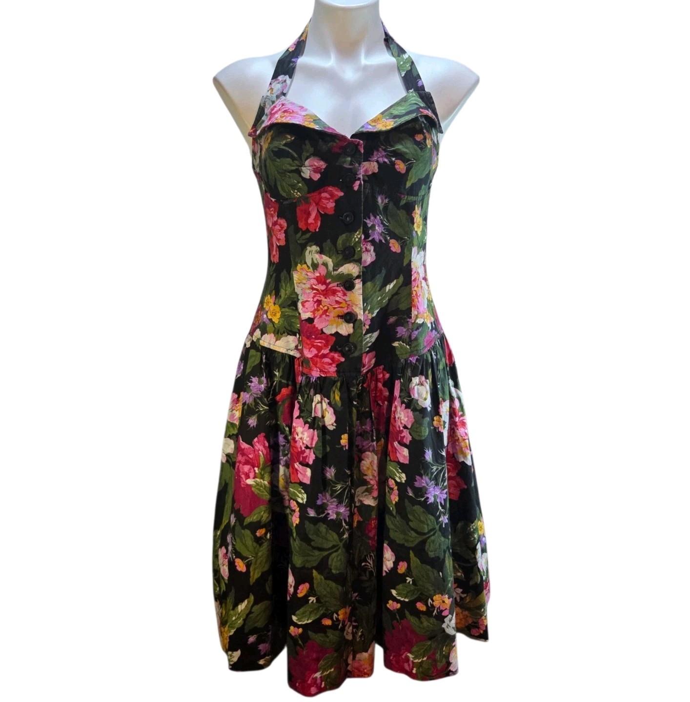 1980s Dark Floral Halter Dress Small / Medium Crinoline Lining Vintage Floral