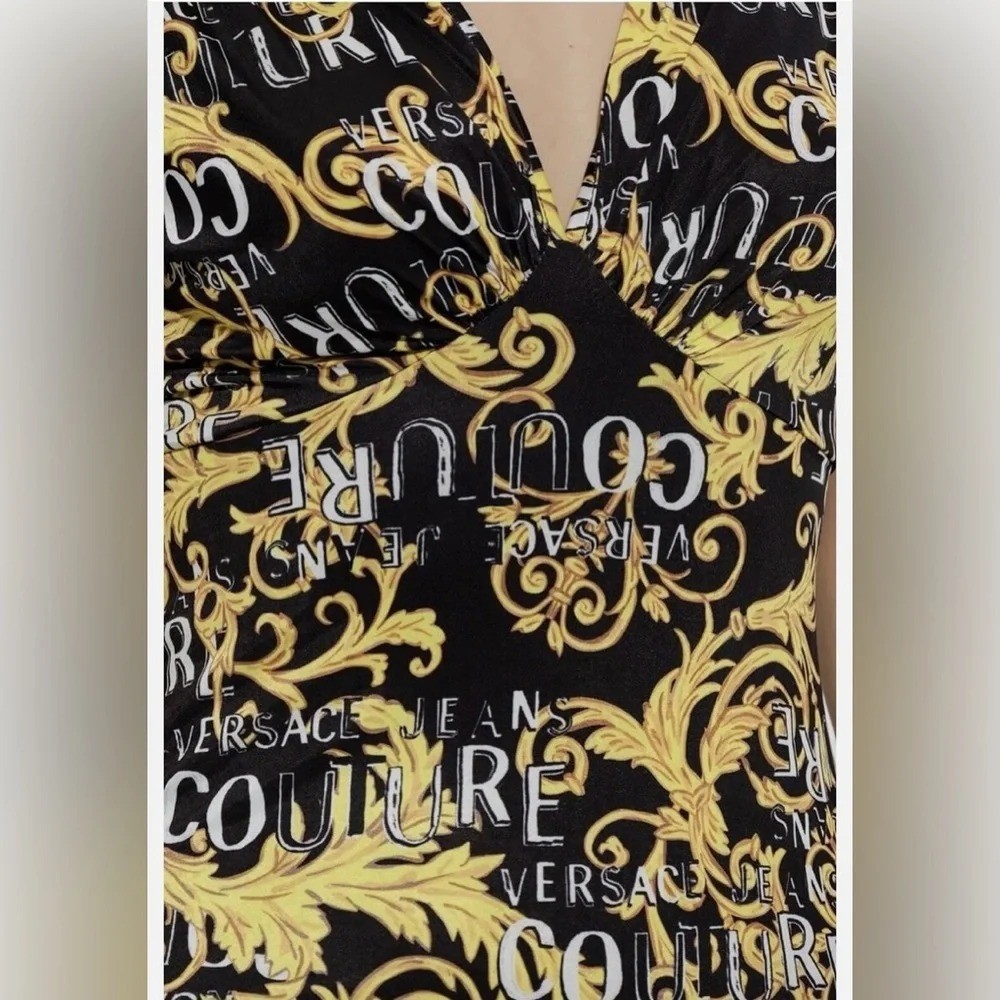 Versace Jeans Couture Logo Print Black and Gold Mini Dress Size 8