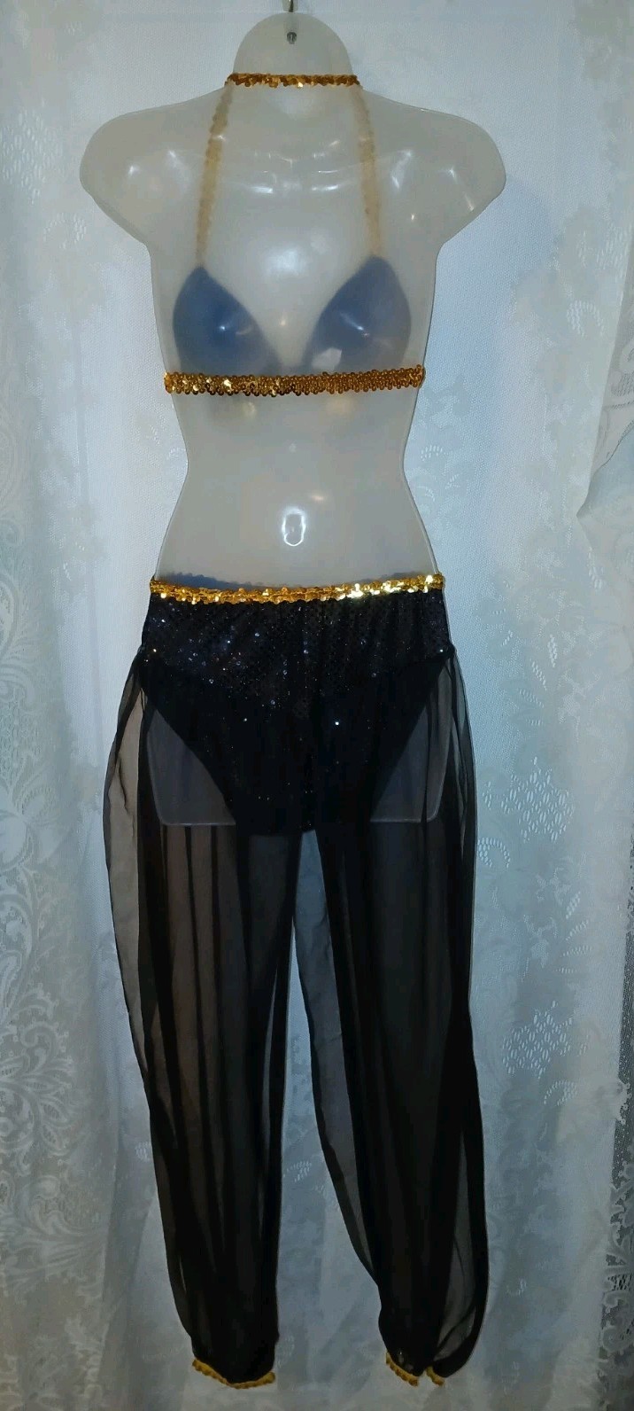 Vintage Belly Dancing Harem Genie Costume Black Chiffon Sequin Gold Coins XS