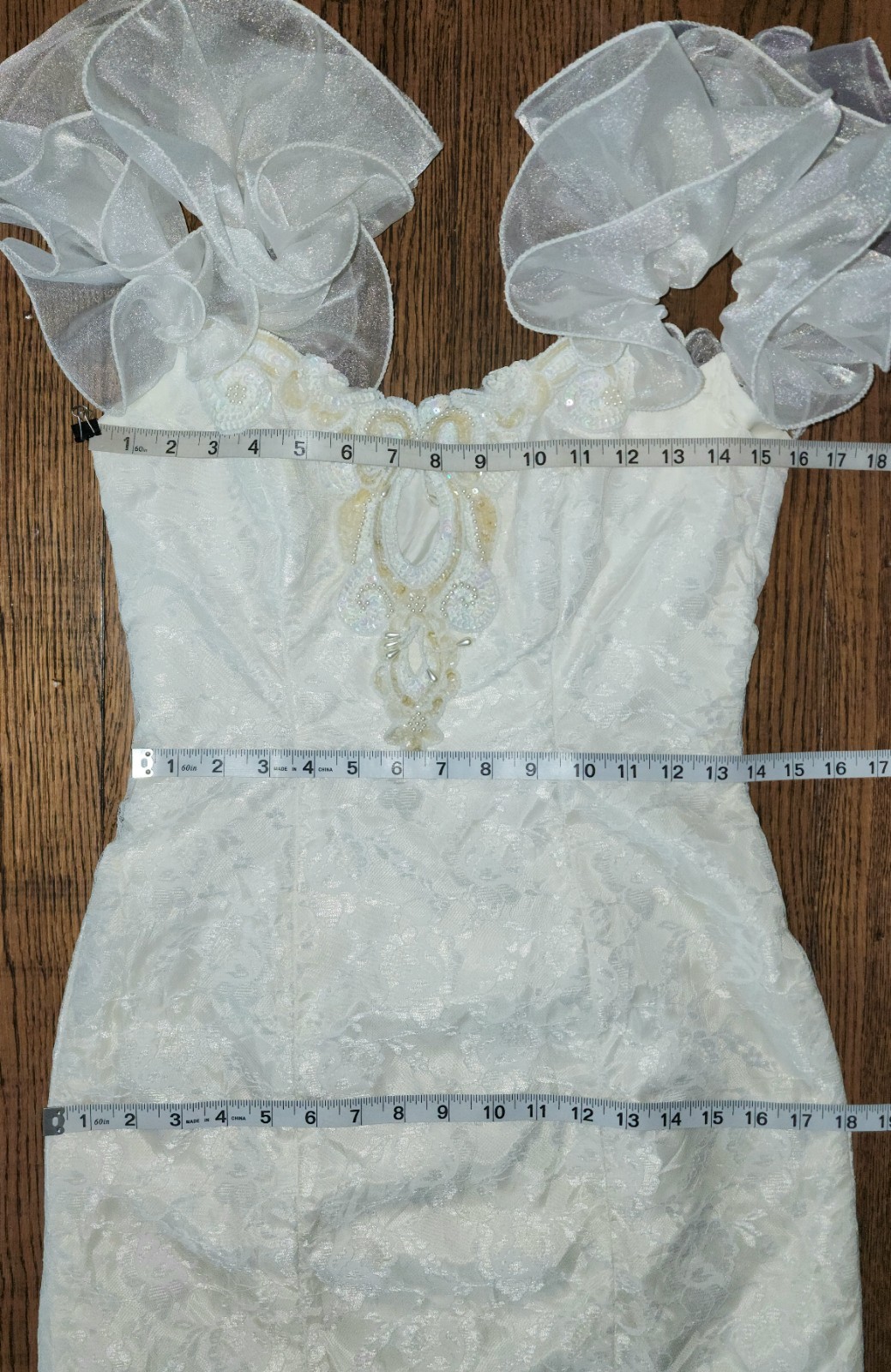 Vtg 80s puff ruffle shoulder lace mini dress S keyhole beaded