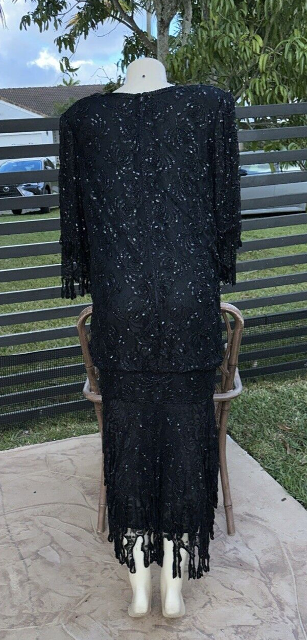 VTG JUDITH ANN CREATIONS BLACK SILK HEAVELY BEADED ASYMMETRIC HEM DRESS Sz XL