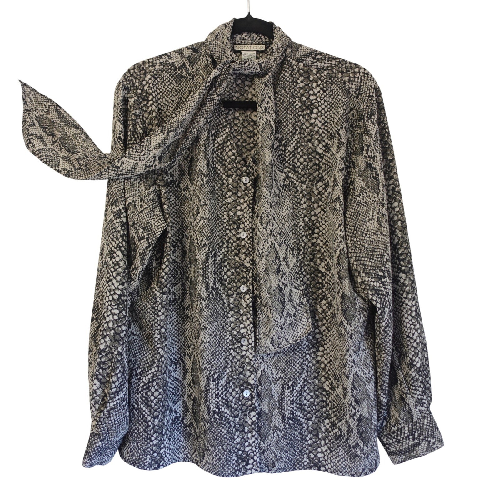 Vintage 90s Snakeskin Print Tie Neck Pussy Bow Blouse Grey XL Maximalist Top