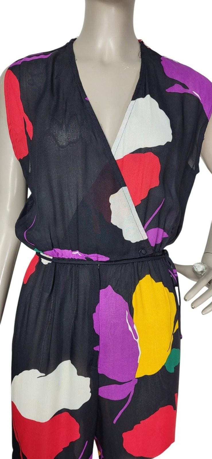 Vintage 70s/80s Ann Marie Black Abstract Floral Sleeveless Surplice Jumpsuit