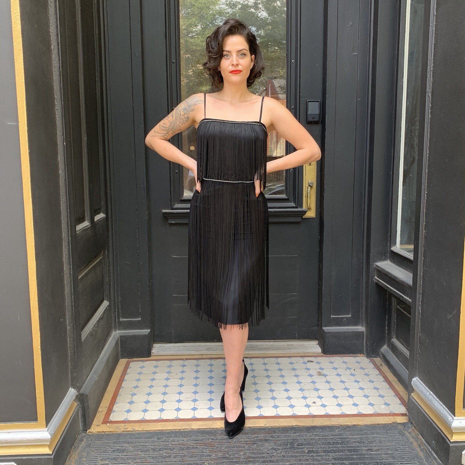 Vintage 1950’s Black Wiggle Dress with Extreme Fringe and Rhinestone Detail