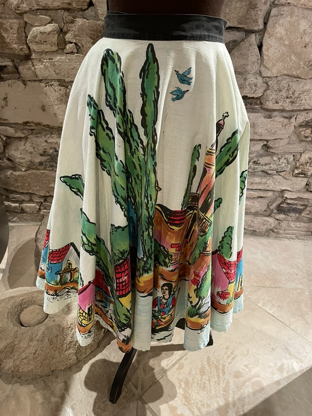 1950s Xochimilco Mexican Painted Circle Skirt Size S