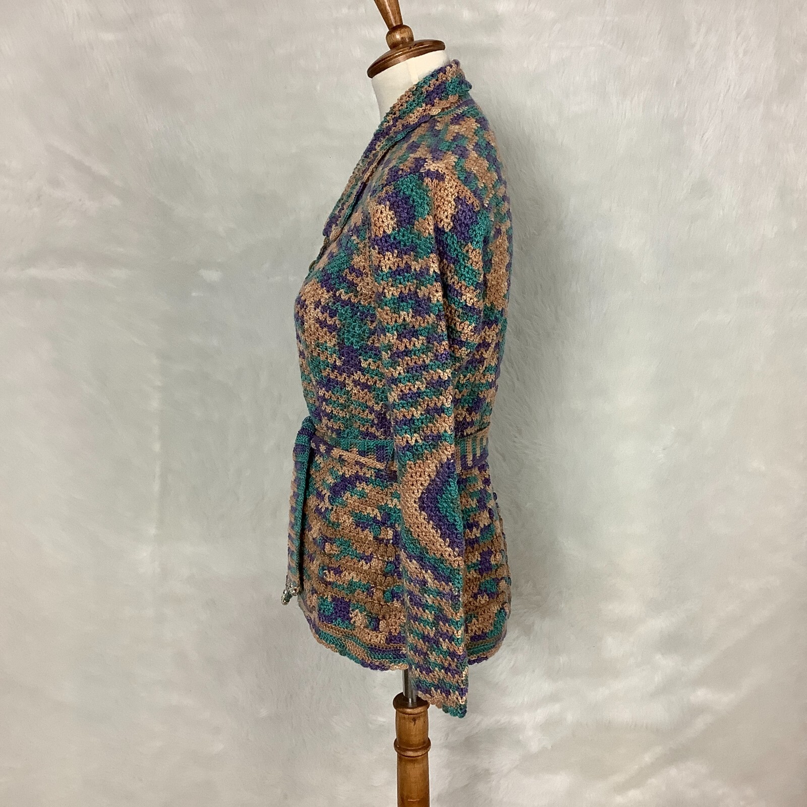 Vintage 70s Tan, Green Blue & Purple Belted Crochet Cardigan Sweater