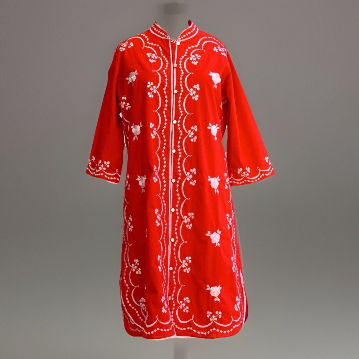 VTG Caro Of Honolulu Dress Red White Embroidered Buttons Down Front 1970’s Sz 12